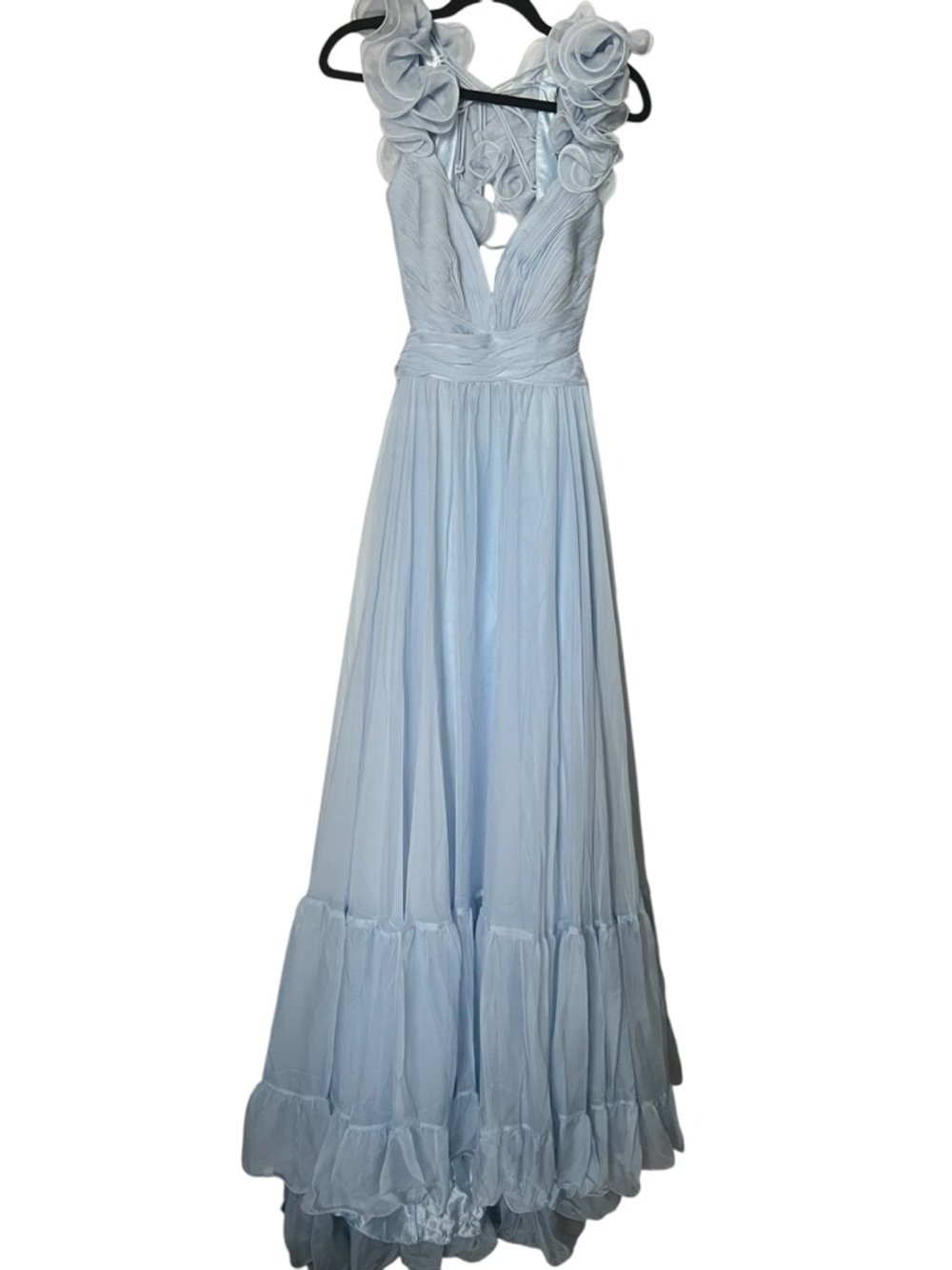MAC DUGGAL Light Blue Ruffle Tiered Cut-Out Chiffon Gown NWT - Picture 4 of 15